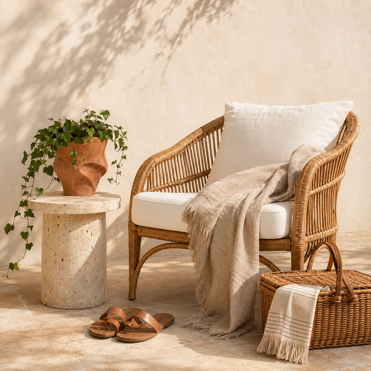 A sunlit summer patio styled with a wicker chair, straw hat, greenery, and a rattan tray